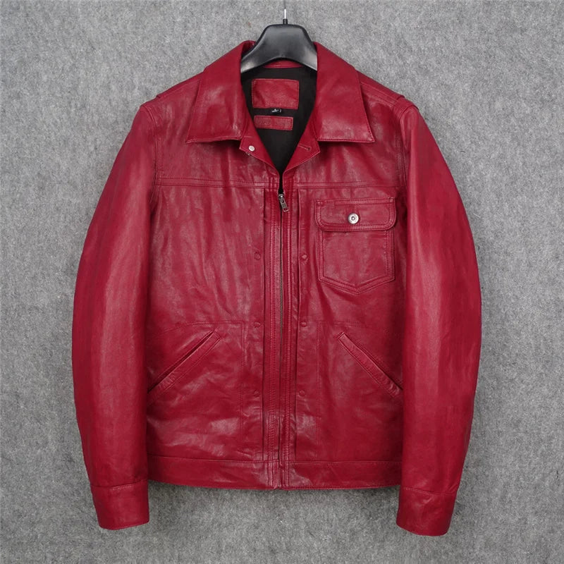 Vegetable tanned batik big red first layer sheepskin leather jacket men's Japanese version slim denim leather jacket locomotive