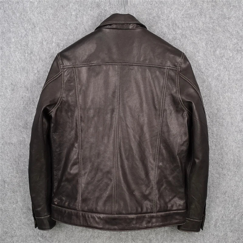 The first layer of sheepskin leather jacket men's denim leather jacket jacket top slim and thin soft short