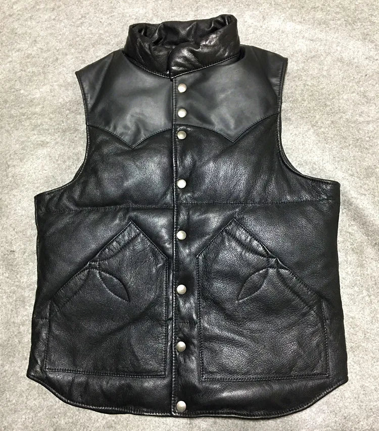 White duck down imported goat leather leather leather jacket men's down vest vest men's short warm and slim fit