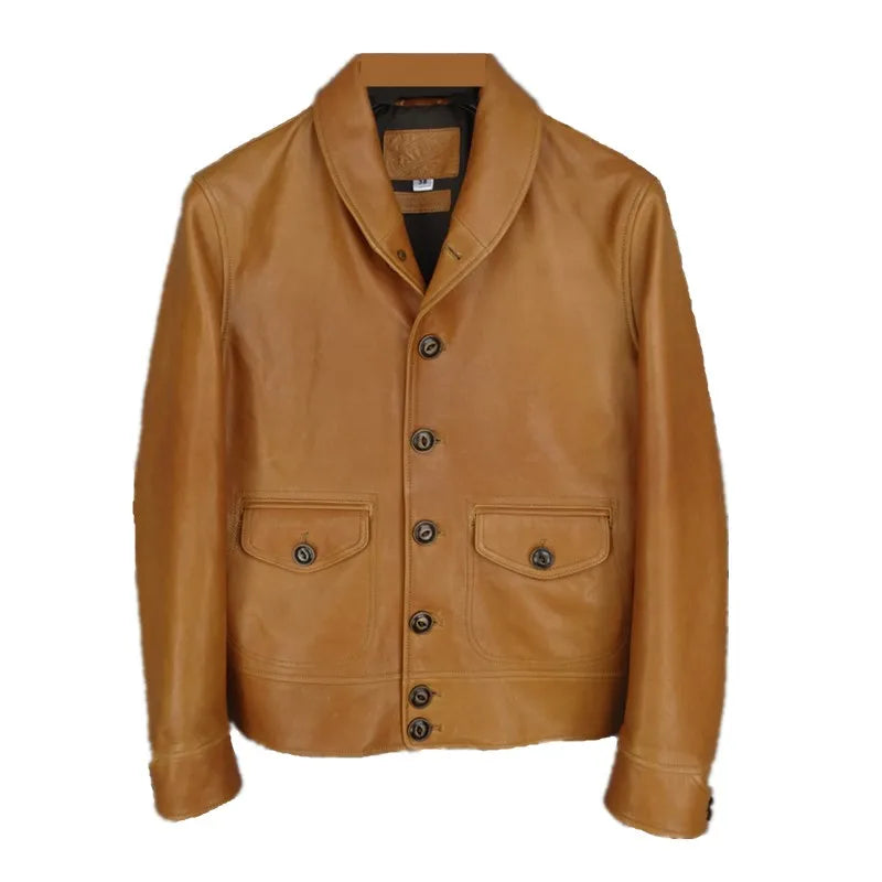 Cossack style jacket style Cossack green fruit collar campus leather jacket genuine leather jacket men