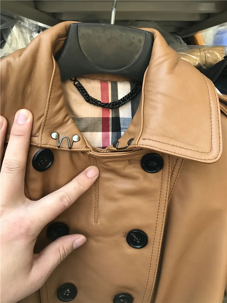 Long trench coat double-breasted women's model New Zealand imported first-layer sheepskin leather leather jacket women