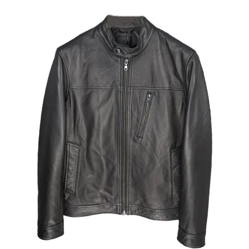 Stand collar slim fit first layer sheepskin leather leather jacket men's motorcycle clothing leather jacket short
