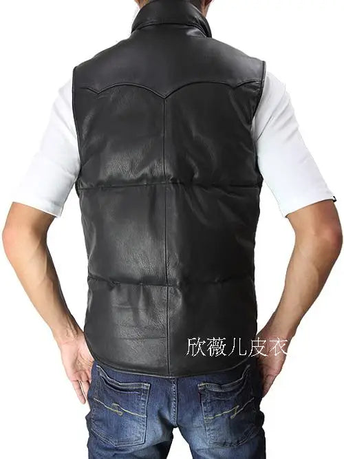 White duck down imported goat leather leather leather jacket men's down vest vest men's short warm and slim fit