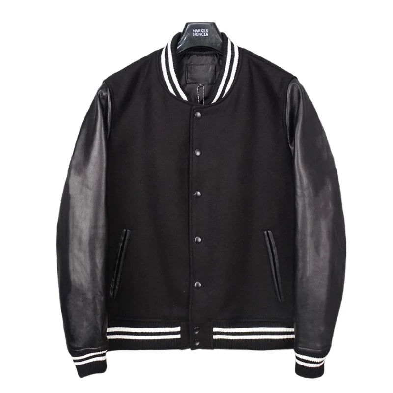 Sheepskin leather jacket for men and women, wool nylon + sheepskin sleeves, baseball jacket, short leather jacket