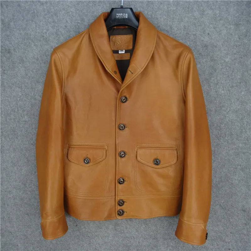 Cossack style jacket style Cossack green fruit collar campus leather jacket genuine leather jacket men