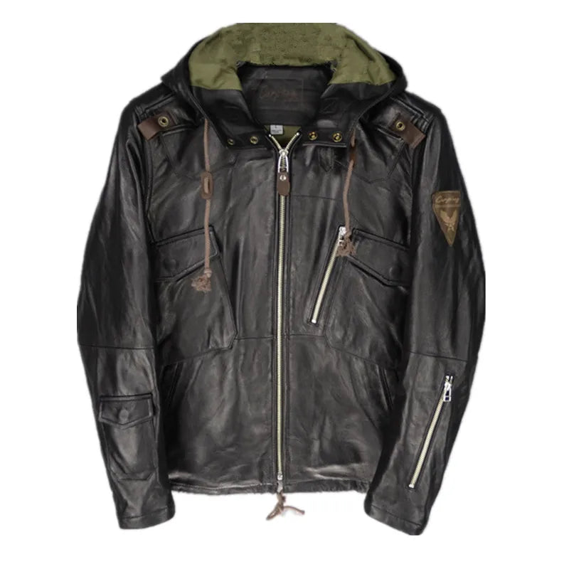 Hooded slim fit New Zealand imported first layer sheepskin leather jacket men's trench coat leather jacket
