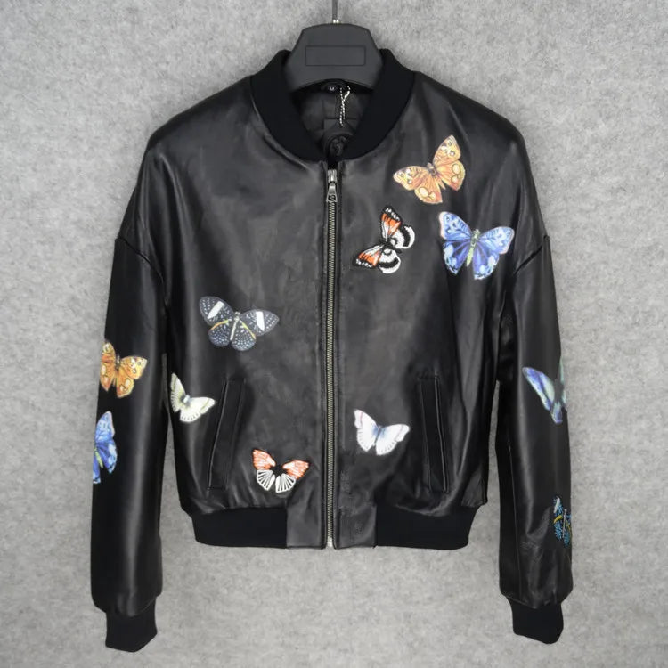 Oil painting printing 10,000 stitches embroidery butterfly female sheepskin leather leather jacket baseball jersey