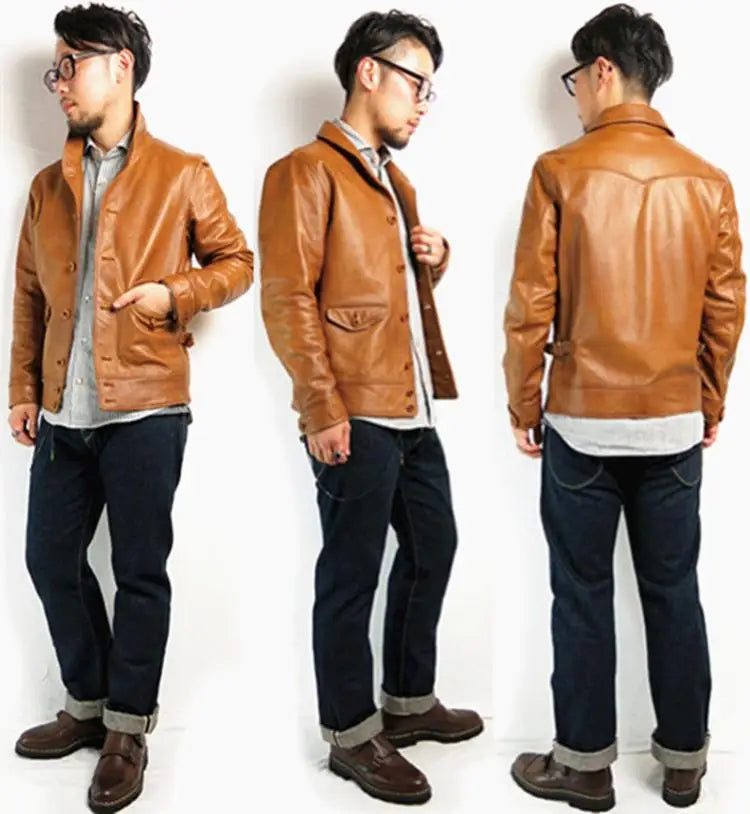 Cossack style jacket style Cossack green fruit collar campus leather jacket genuine leather jacket men