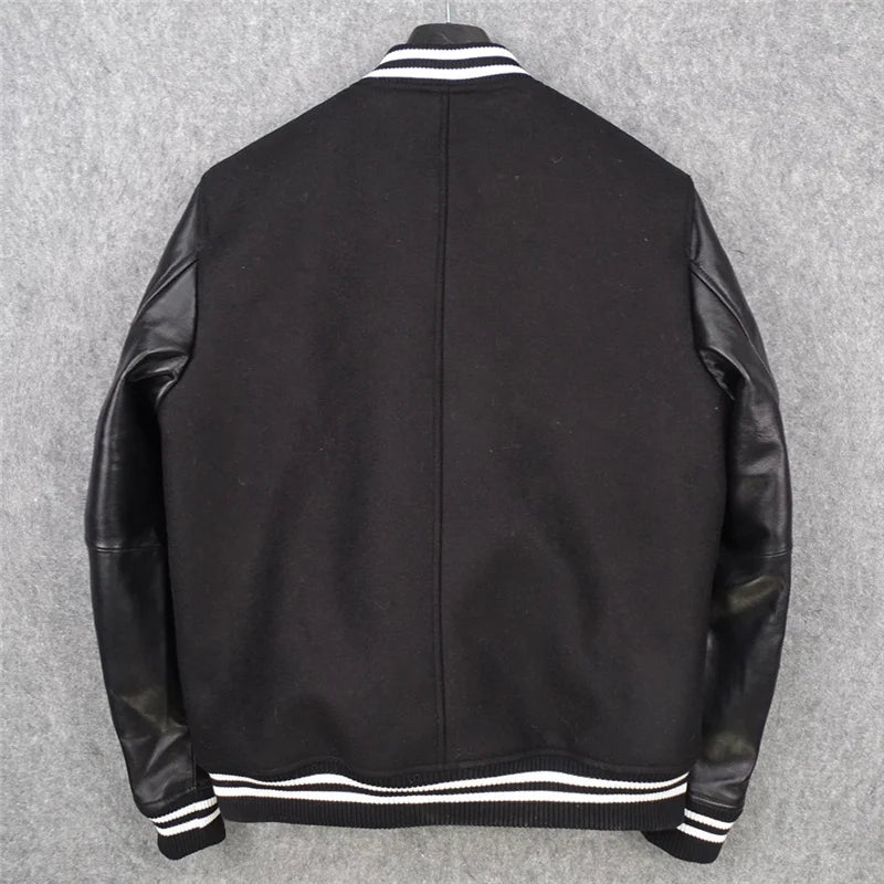 Sheepskin leather jacket for men and women, wool nylon + sheepskin sleeves, baseball jacket, short leather jacket
