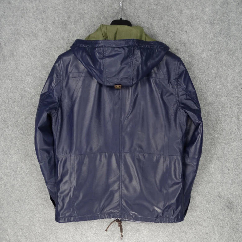 Blue new hooded slim fit New Zealand imported first layer sheepskin leather leather jacket men's leather jacket