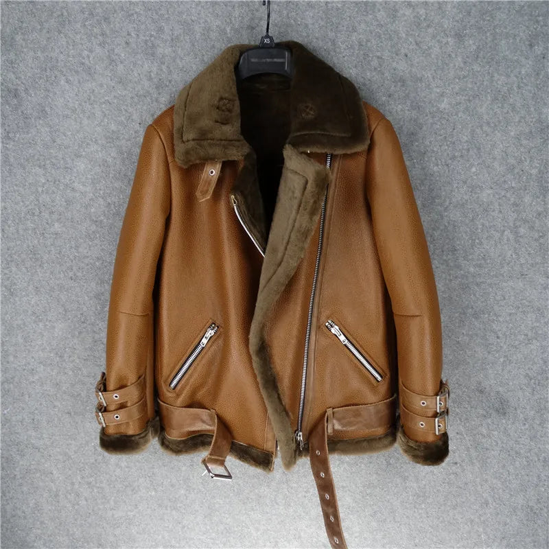 Sheepskin fur integrated thickened warm leather leather jacket women's Korean version loose belt locomotive model