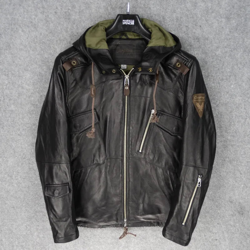 Hooded slim fit New Zealand imported first layer sheepskin leather jacket men's trench coat leather jacket