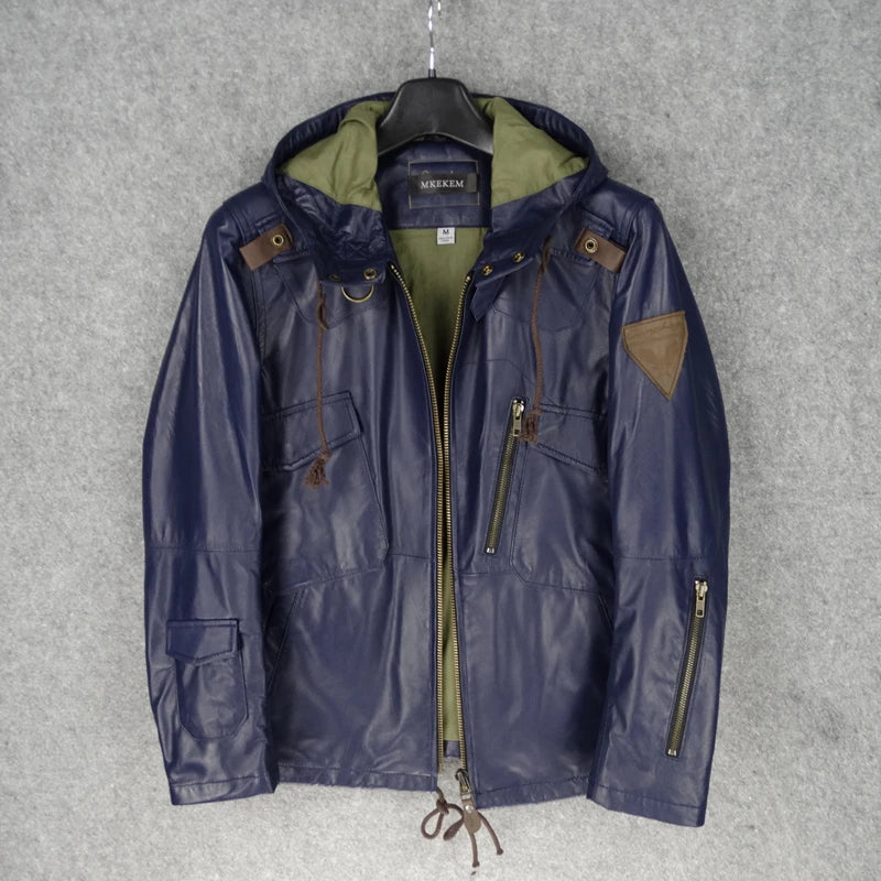 Blue new hooded slim fit New Zealand imported first layer sheepskin leather leather jacket men's leather jacket