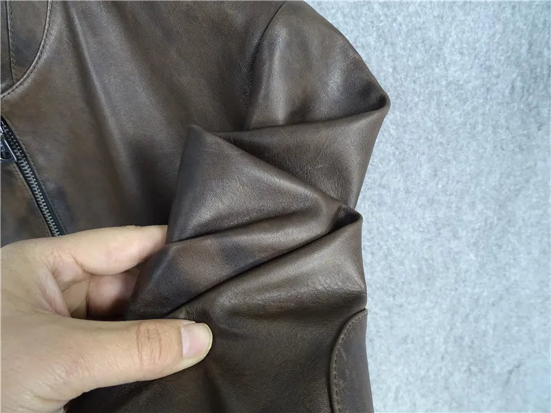 Qinyou makes old first layer imported sheepskin leather leather jacket men's baseball jersey slim and thin