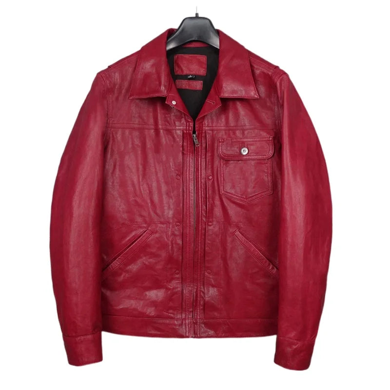 Vegetable tanned batik big red first layer sheepskin leather jacket men's Japanese version slim denim leather jacket locomotive