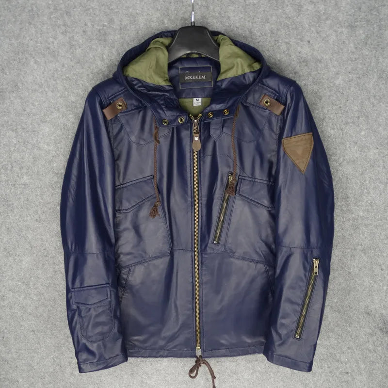Blue new hooded slim fit New Zealand imported first layer sheepskin leather leather jacket men's leather jacket