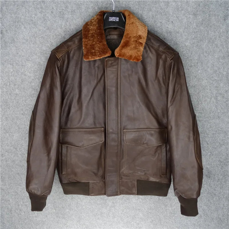 Air Force Flight Suit Leather Jacket Goat Leather Leather Clothing Motorcycle Suit Men's Cotton Removable Lamb Fur Collar