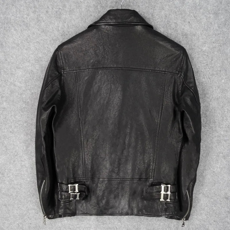 Lapel Slim Fit Top Layer Vegetable Tanned Sheepskin Leather Jacket Men's Motorcycle Clothing Short Leather Jacket