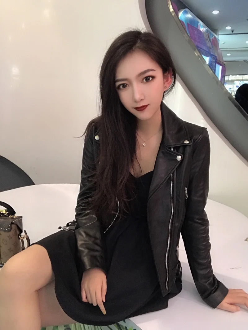 Sheep leather jacket women's short motorcycle jacket slim leather jacket large size women's clothing