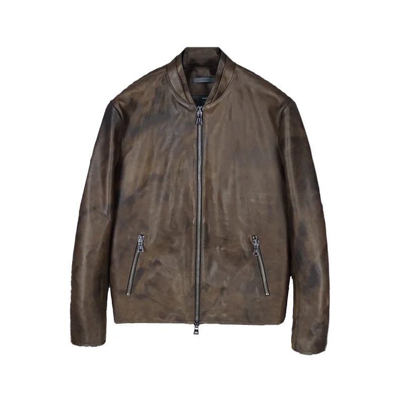 Qinyou makes old first layer imported sheepskin leather leather jacket men's baseball jersey slim and thin