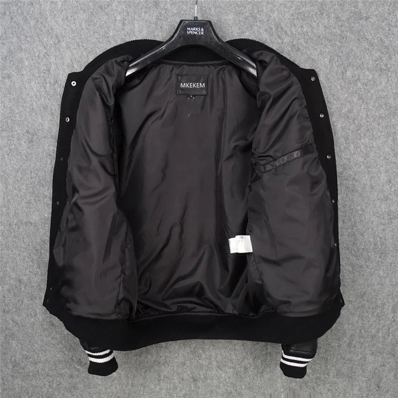 Sheepskin leather jacket for men and women, wool nylon + sheepskin sleeves, baseball jacket, short leather jacket