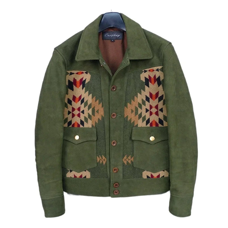 Italian suede sheepskin leather jacket men's splicing Navajo totem woolen lapel slim casual leather jacket