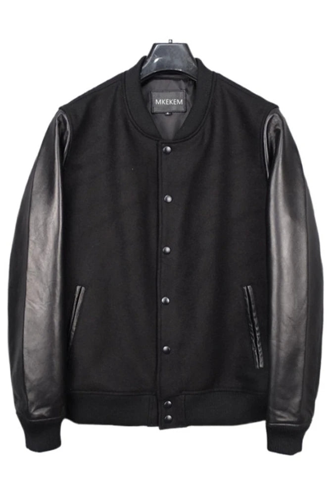 Wool nylon + sheepskin sleeve baseball jacket short leather jacket First layer sheepskin leather jacket for men and women