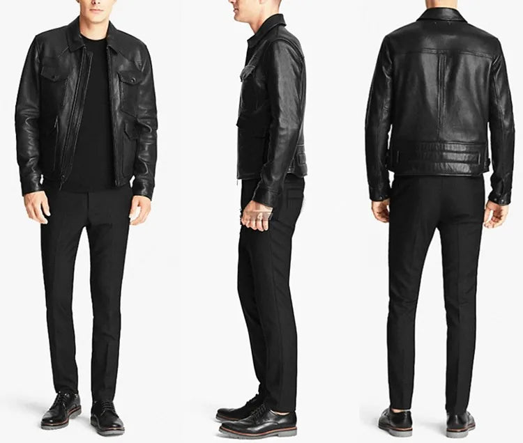 The first layer of sheepskin leather leather jacket is a slim and thin short leather jacket with multiple pockets and lapels.