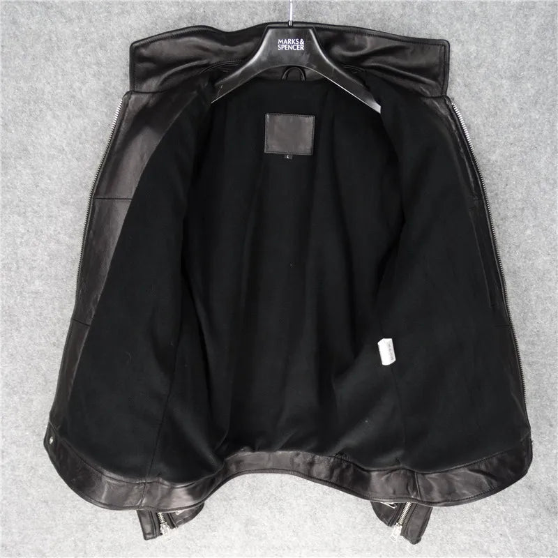 Men's genuine sheepskin leather jacket with small lapel