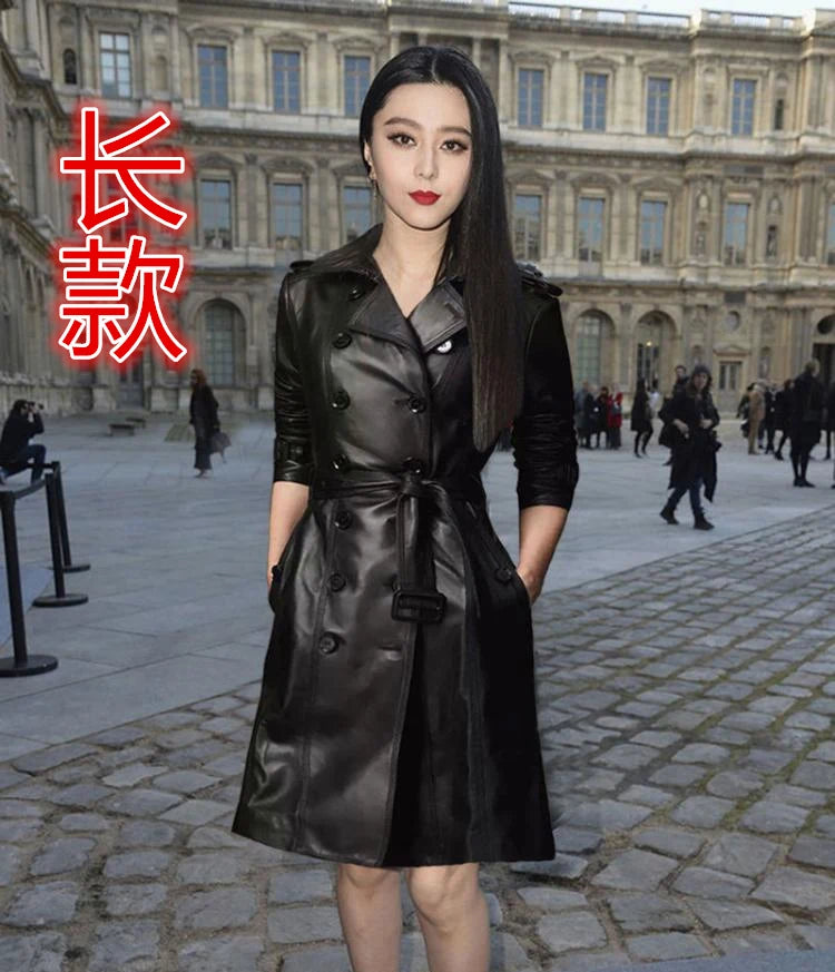 Long trench coat double-breasted women's model New Zealand imported first-layer sheepskin leather leather jacket women