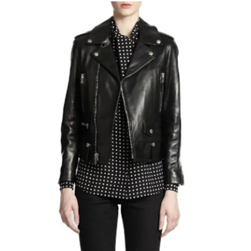 Sheep leather jacket women's short motorcycle jacket slim leather jacket large size women's clothing