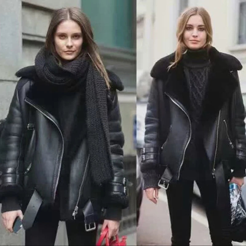 Sheepskin fur integrated thickened warm leather leather jacket women's Korean version loose belt locomotive model