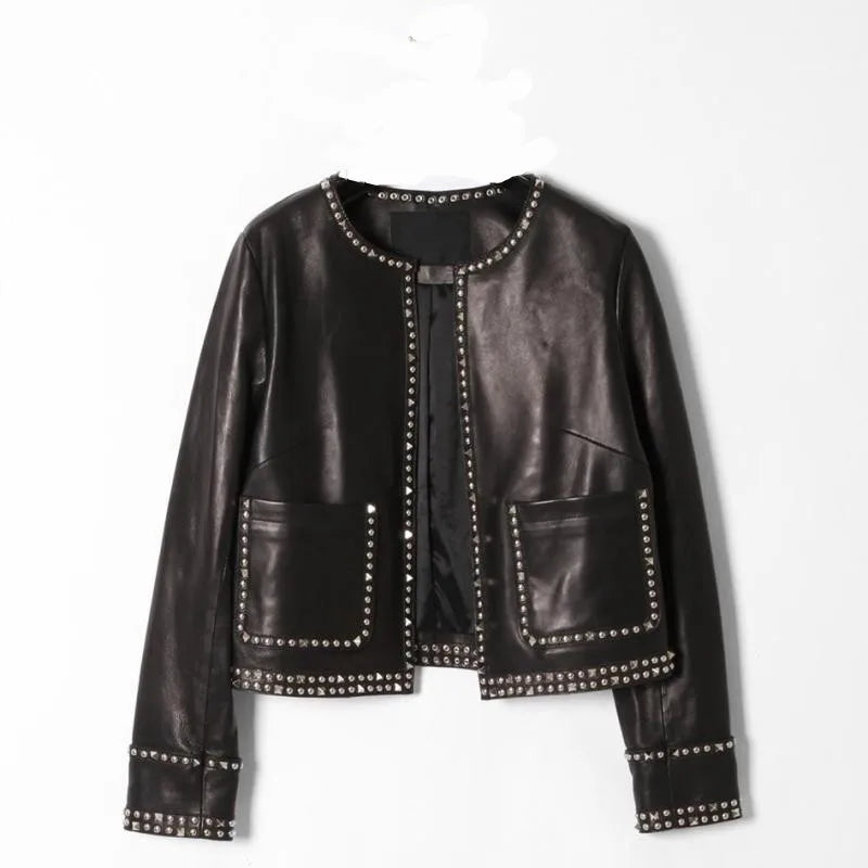Handmade rivets Italian water-dyed sheepskin Japanese genuine leather leather jacket women's short round neck lady slim fit