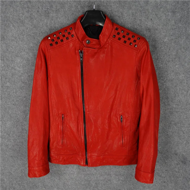Full vegetable tanned goatskin leather leather jacket men's stand-up collar rivets heavy locomotive hip-hop motorcycle clothing