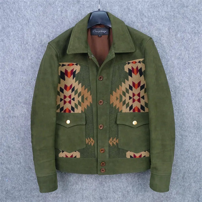 Italian suede sheepskin leather jacket men's splicing Navajo totem woolen lapel slim casual leather jacket