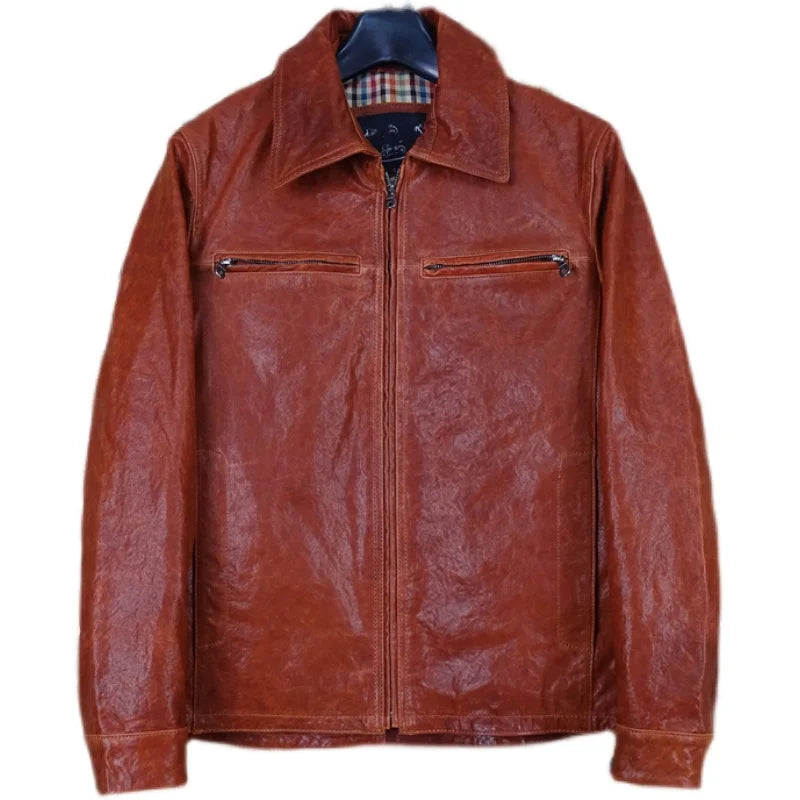 Full vegetable tanned sheepskin leather jacket for men slim fit thin lapel classic multi-pocket casual light old style