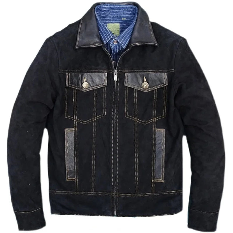 Suede sheepskin slim fit denim, contrasting sheepskin leather front