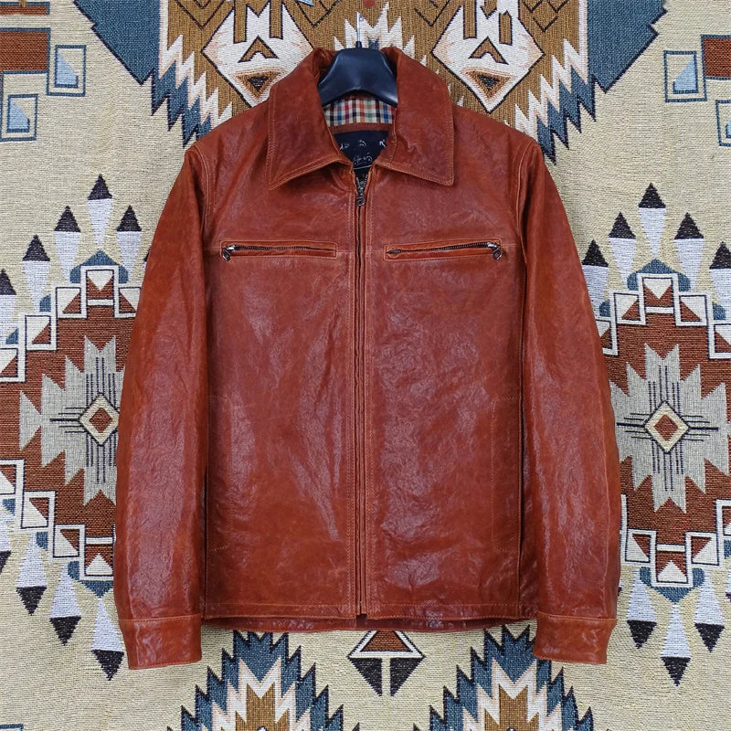 Full vegetable tanned sheepskin leather jacket for men slim fit thin lapel classic multi-pocket casual light old style