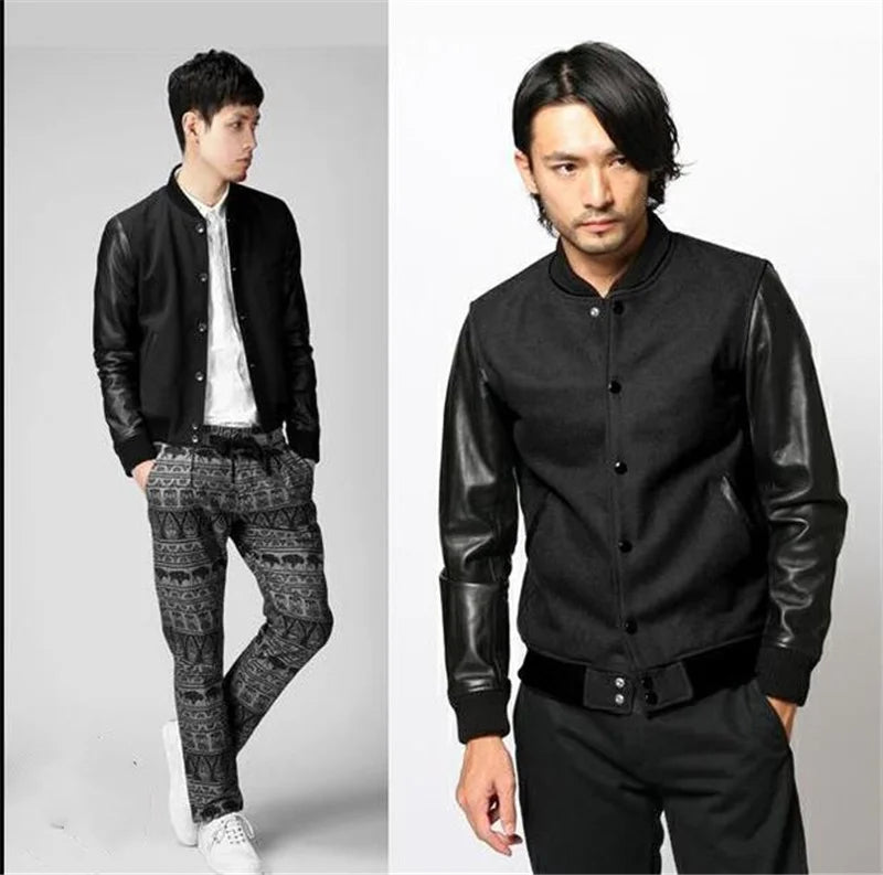 Wool nylon + sheepskin sleeve baseball jacket short leather jacket First layer sheepskin leather jacket for men and women