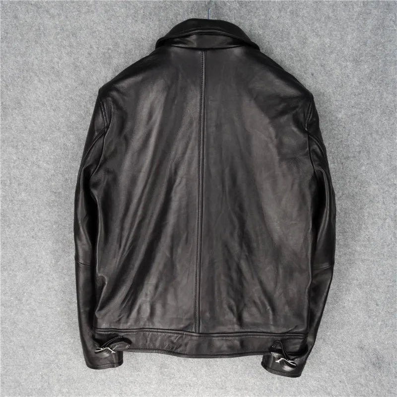 Men's genuine sheepskin leather jacket with small lapel