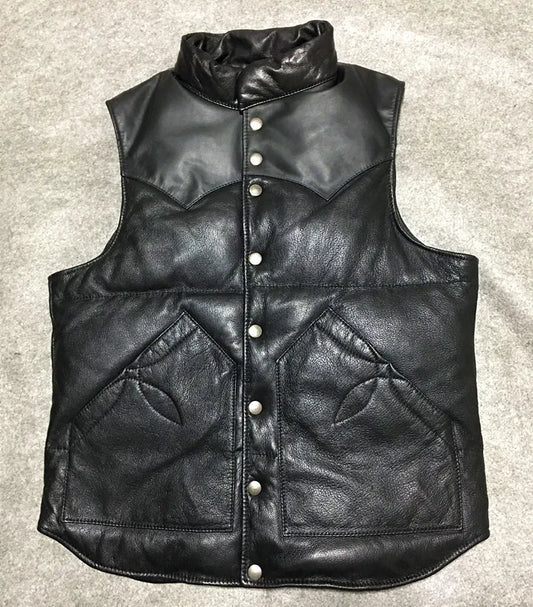 White duck down imported goat leather leather leather jacket men's down vest vest men's short warm and slim fit