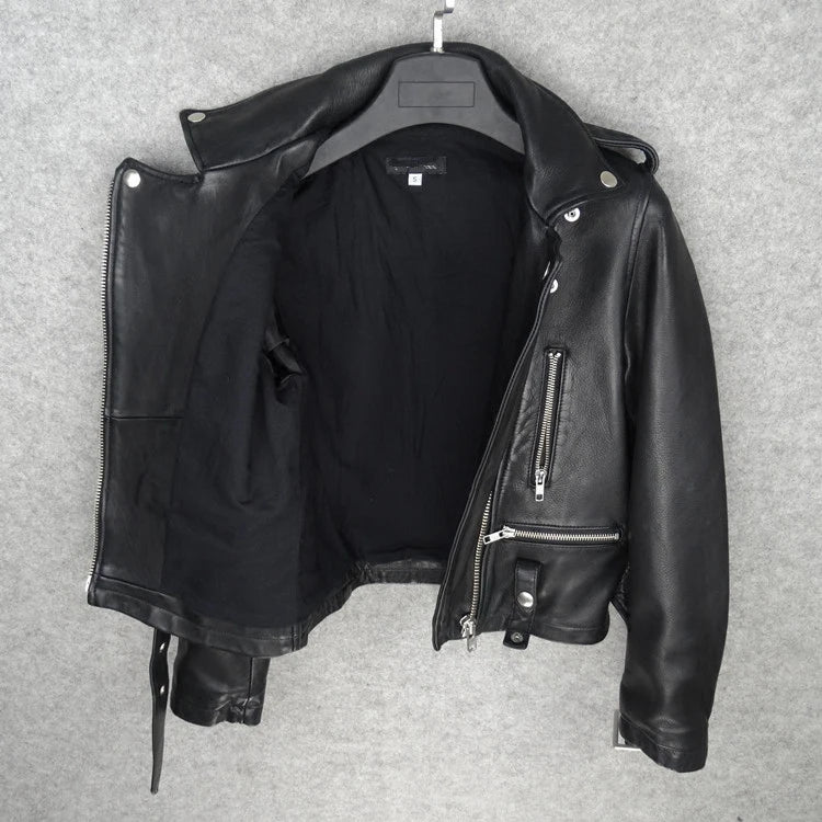 Women's Italian Oil Wax Sheepskin Heavy Wash Folded Belt Slim Fit Locomotive Suit