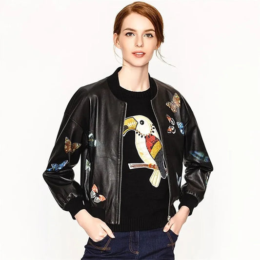 Oil painting printing 10,000 stitches embroidery butterfly female sheepskin leather leather jacket baseball jersey