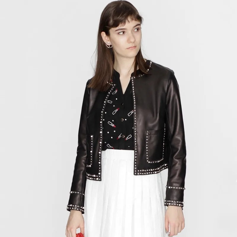 Handmade rivets Italian water-dyed sheepskin Japanese genuine leather leather jacket women's short round neck lady slim fit