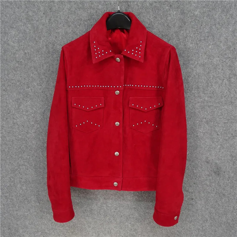 Rivet denim model, Italian imported matte sheepskin leather leather jacket women's model