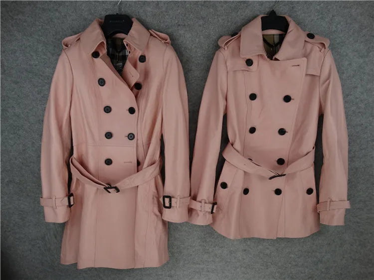 Pink classic double-breasted women's belt trench coat imported sheepskin leather jacket female slim fit