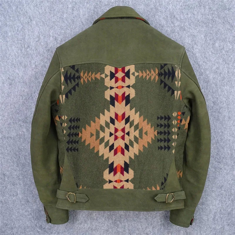 Italian suede sheepskin leather jacket men's splicing Navajo totem woolen lapel slim casual leather jacket