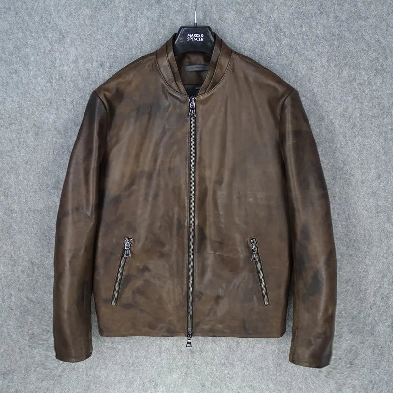 Qinyou makes old first layer imported sheepskin leather leather jacket men's baseball jersey slim and thin