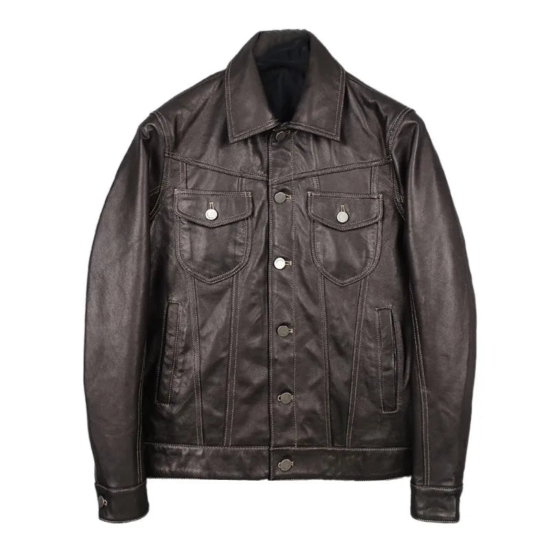 The first layer of sheepskin leather jacket men's denim leather jacket jacket top slim and thin soft short