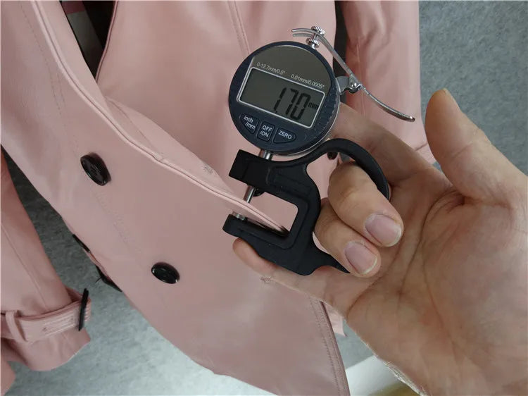 Pink classic double-breasted women's belt trench coat imported sheepskin leather jacket female slim fit